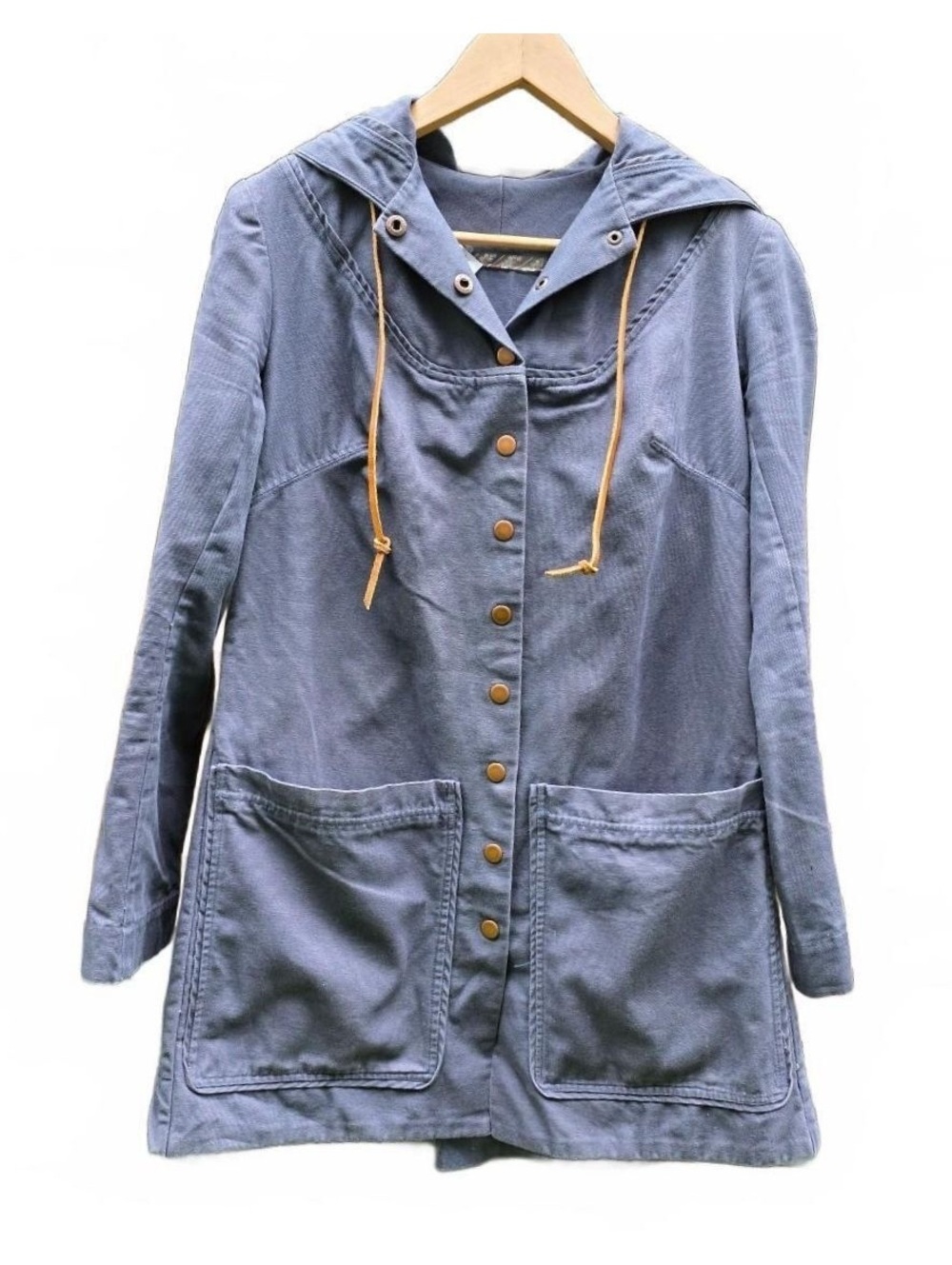 Rare Poppy von Frohlich Blue Hooded Chore Duster Coat 100% Cotton Duck Canvas